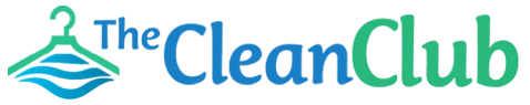 Logo for "The Clean Club" featuring a green clothes hanger with blue folded clothes graphic, and the company name in blue and green text to the right.
