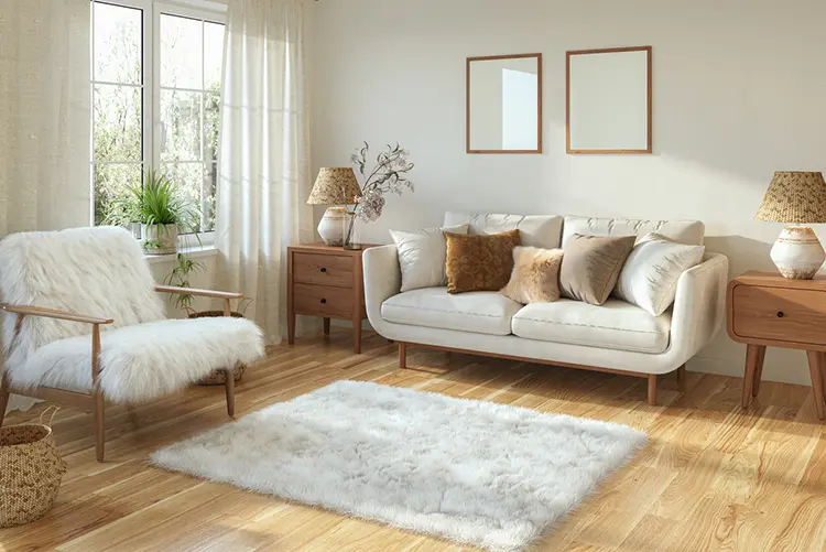 A bright living room with a white sofa, fluffy armchair, wooden tables, lamps, two wall frames, and a white rug on a wooden floor. Plants and decorative items are present.