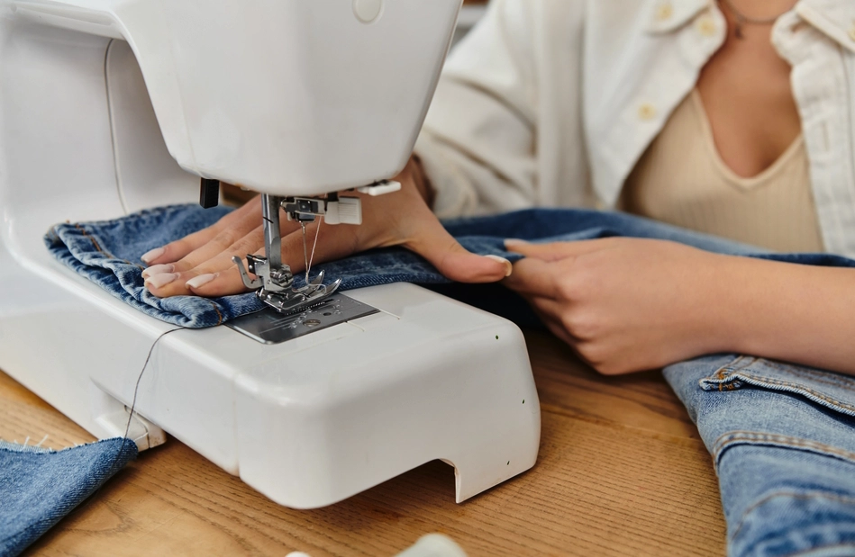 Person using a sewing machine to repair or alter blue jeans, with hands guiding the fabric under the presser foot on a wooden table.