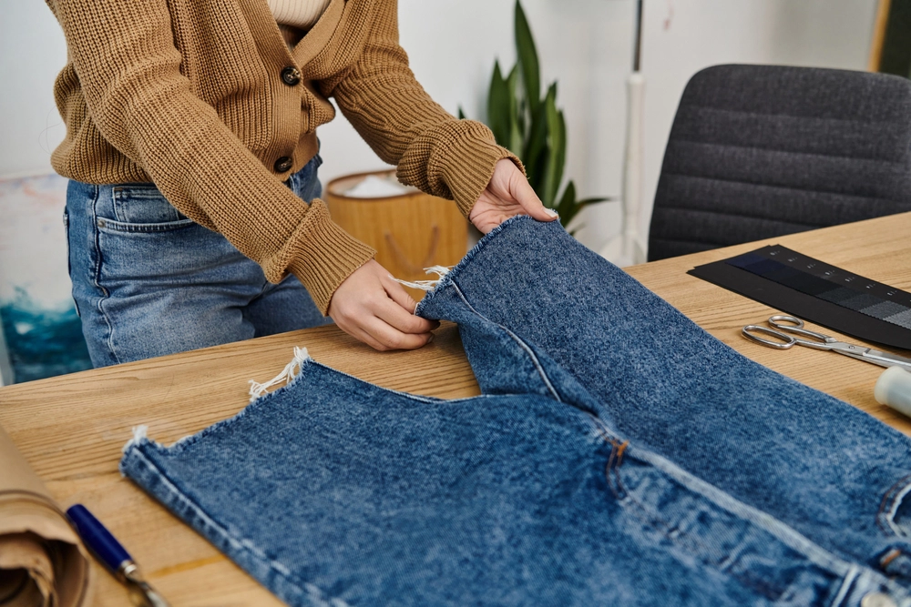A person in a brown sweater works on a pair of cut-off denim jeans at a wooden table, surrounded by sewing tools.