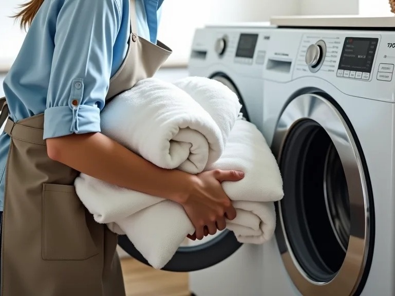 A person in an apron holds folded white towels while standing in front of a modern washing machine and dryer.