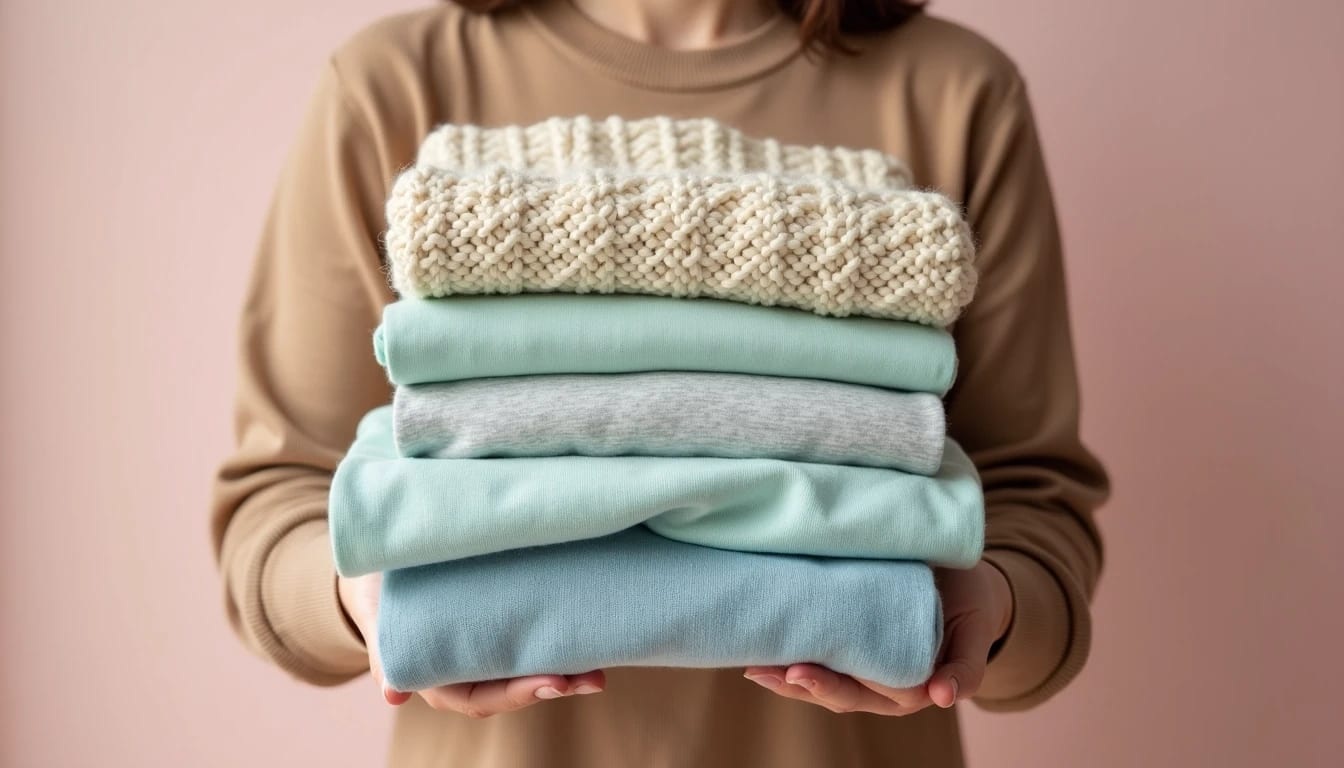 Person holding a neatly folded stack of clothes, including a chunky knit sweater and pastel-colored garments, against a plain pink background.
