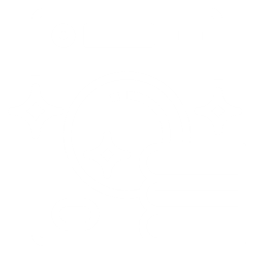Line drawing of a washing machine with sparkling effects and a stack of folded clothes in front, representing cleanliness and laundry.