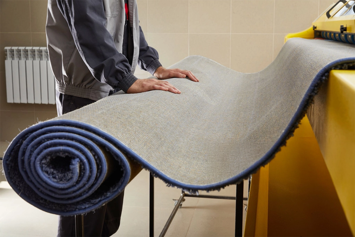 A person stands by a large machine, feeding a rolled-up carpet through it, likely for cleaning or processing.