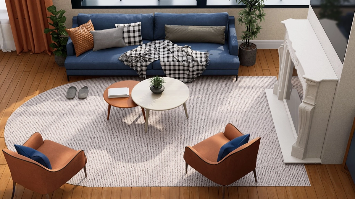 Modern living room with a blue sofa, two brown armchairs, a round coffee table, a white fireplace, houseplants, and a beige rug on wooden flooring.
